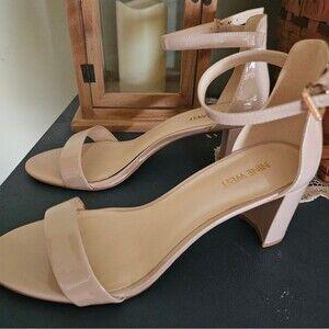 Nine West | Women’s 10.5 M | Nude Patent Ankle-Strap Block Heel Sandals | Elegan